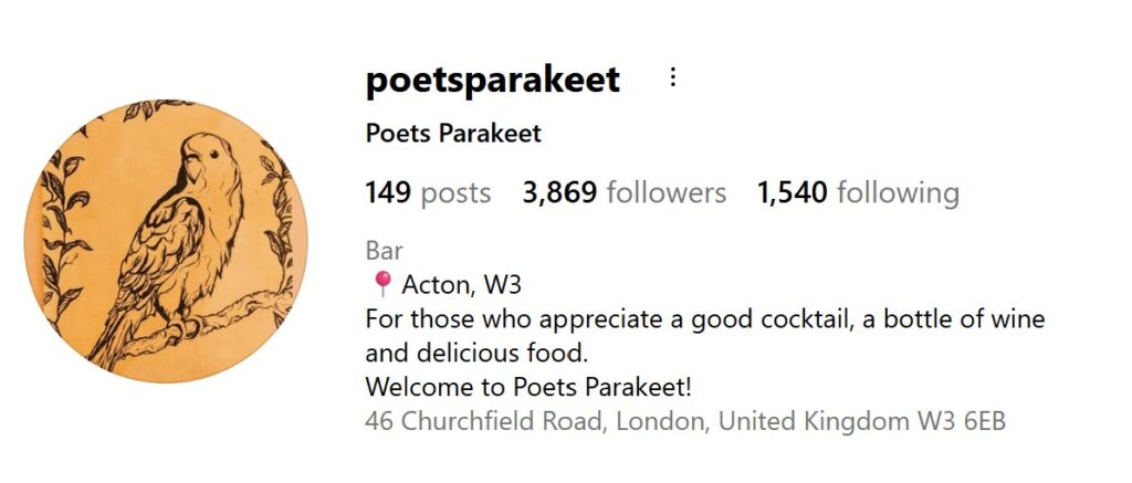 The Poets Parakeet in Acton instagram logo and address 46 Churchfield Road, London,